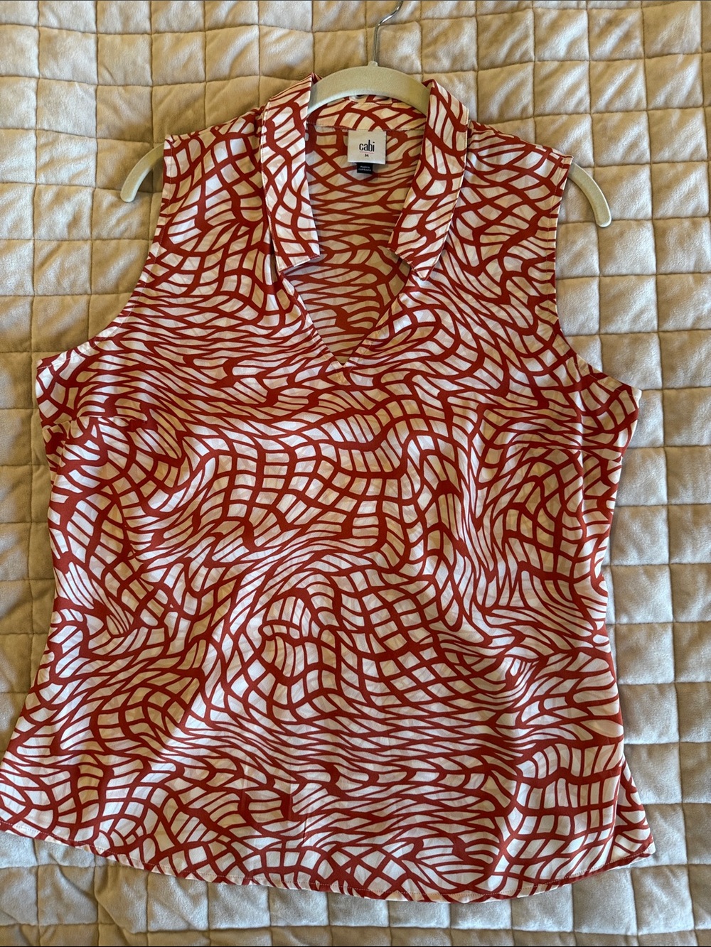 CAbi Cream & Rust Wavy Grid V-Neck Sleeveless Top